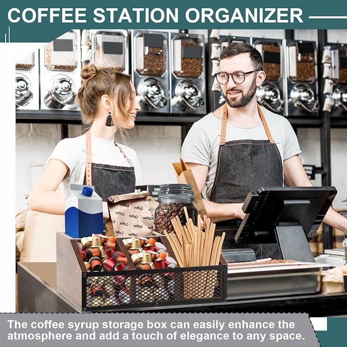 Yalikop Coffee Station Organizer for Countertop, All in One No Assembly Wood Coffee Creamer Bar Holder with Iron Mesh, Office Tea Bar Accessories Gift for New Home Birthday(Dark Brown,Classical) - Image 4
