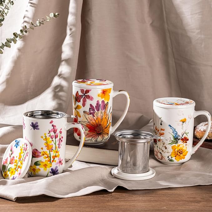 GBhome Tea Mug with Infuser and Lid, 18 Ounce Large Ceramic Loose Leaf Cup, Microwave, Dishwasher Safe, Perfect For Tea Lovers