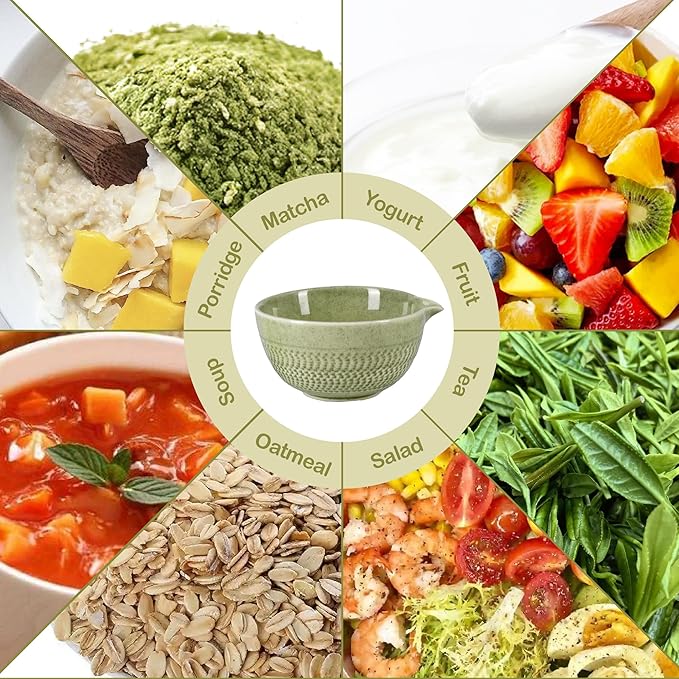 Matcha Bowl with Spout, 500 ml/18 oz Ceramic Matcha Mixing Bowl, Japanese Ceremonial Matcha Chawan for Matcha Powder/Salad/Fruit/Soup/Tea - Matcha Green
