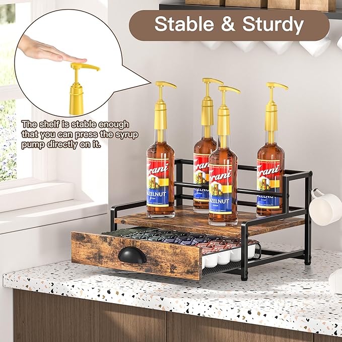 Coffee Syrup Rack Organizer, Coffee Pod Holder for Countertop, 8 Syrup Bottles Stand with Storage Drawer for 35 K Cups, Coffee Pod Drawer for Coffee Station, Home, Kitchen, Office, Dorm, Rustic Brown