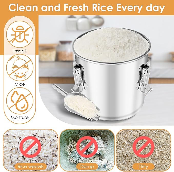 Stainless Steel Containers with Lids,20 lbs Large Capacity Food Storage Containers for Rice Flour Sugar Grain Coffee Bean,Airtight Canister for Kitchen & Pantry Organization