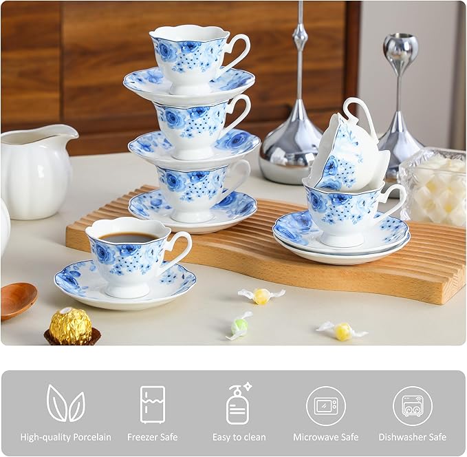 Porcelain Demitasse Espresso Cup and Saucer Set of 6 (12-Piece) - 2.5oz Cups with Classic Blue Floral Pattern, Dishwasher & Microwave Safe