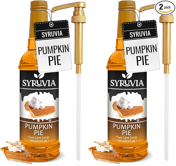 Syruvia Pumpkin Pie Coffee Syrup, Flavored Syrup for Drinks, Lattes, and Desserts – 25.4 fl oz, With Pump (Pack of 2)