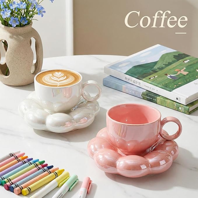 Goaste 2 Pack Ceramic Coffee Mug with Saucer Set, Cute Cloud Mug with Sunflower Coaster, 8oz Creative Latte Tea Cup for Office, Home, Coffee, Tea, Latte, Milk, Pink, Pearl White