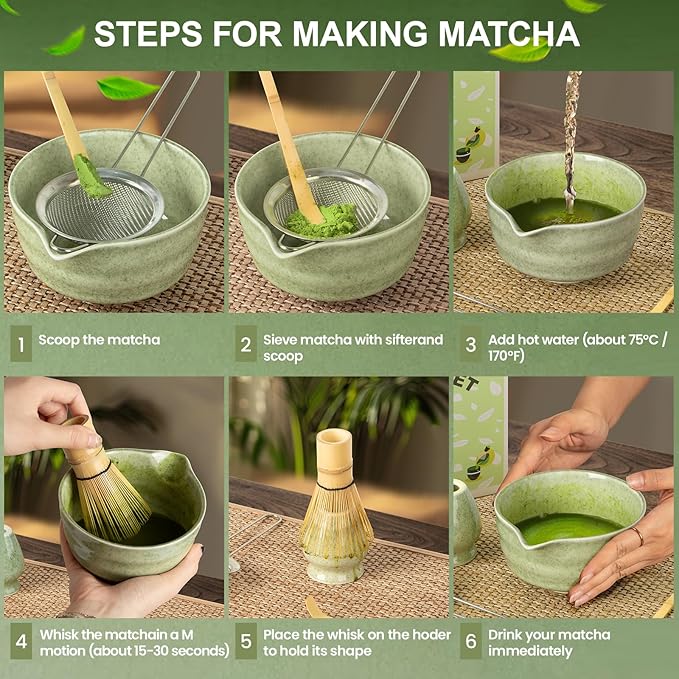 Dayacoco Matcha Whisk Set,Ceramic Matcha Kit Set Includes Bowl with Spout, Whisk,Holder,Bamboo Scoop and Sifter,5 pcs Matcha Tea Kit for Matcha Lovers, Ideal Gift for Christmas, Birthday (Green)