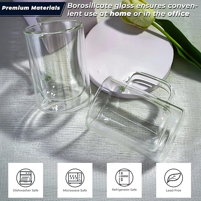 Aquach 12 oz Double Walled Glass Coffee Mugs with Handle, 2-Pack - Ideal for Latte, Cappuccino and Tea