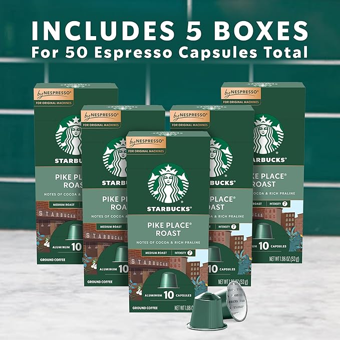 Starbucks by Nespresso Original Line, Pike Place, Medium Roast Coffee,Espresso Pods, (Pack of 10)