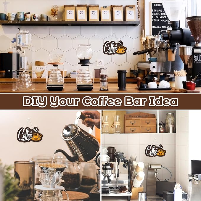 Coffee Bar Sign for Wall Decor, Hanging Coffee Sign for Cafe Station, Farmhouse Cafe Sign for Kitchen Hot Drink Shop,7.3x4.4 Inch