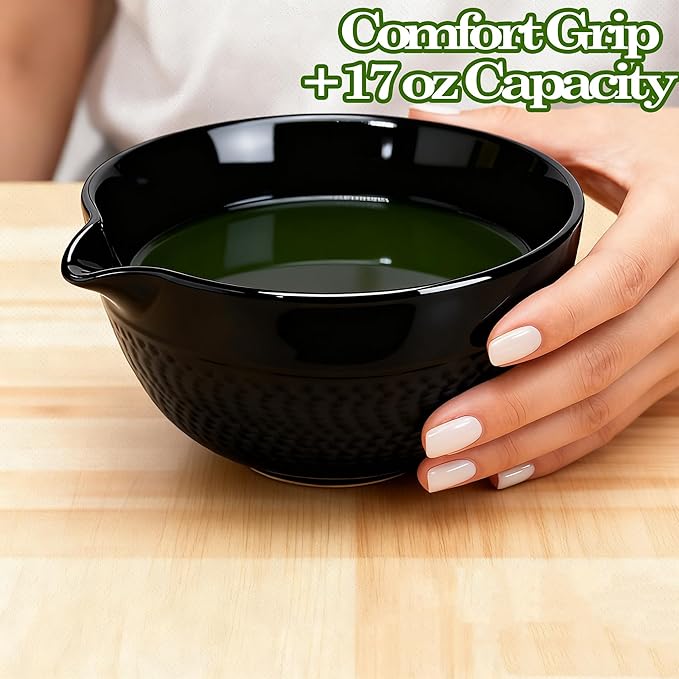 Matcha Bowl with Spout, Traditional Ceramic Matcha Tea Bowl Japanese Ceremonial Chawan for Whisking Mixing & Daily Use, 18oz/500ml Black