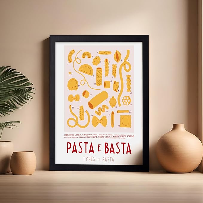 Poster Master Vintage Illustration Poster - Retro Food Print - Types of Pasta, Yellow, Spaghetti, Rotini, Penne - Gift for Artist, Chef - Wall Decor for Kitchen, Restaurant, 16x20 Black Framed