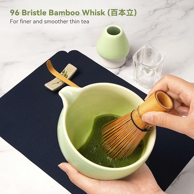 Matcha Whisk Set, Matcha Kit 10-Pcs, Bamboo Whisk and Ceramic Bowl with Spout & Measuring Spoon & Cup, Japanese Ceremony Matcha Tea Powder Making Tools, Light Green
