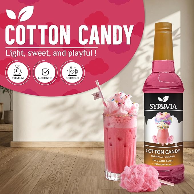 Syruvia Cotton Candy Syrup, Natural Flavors, Syrup for Drinks, Lattes, and Desserts – 25.4 fl oz
