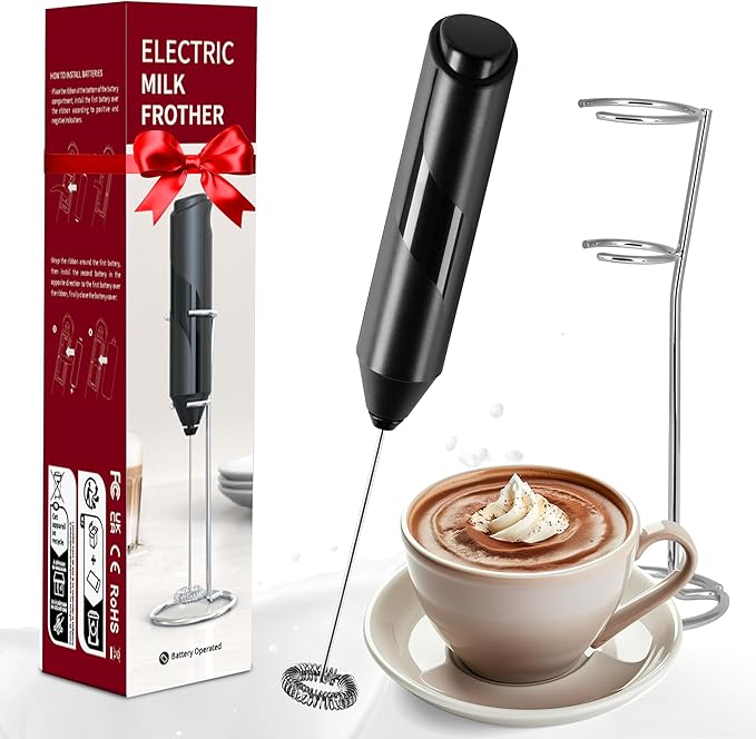 Simple Deluxe Milk Frother Handheld, Foam Maker with Stainless Steel Stand, Battery-Operated Whisk for Coffee, Latte, Hot Chocolate, Black