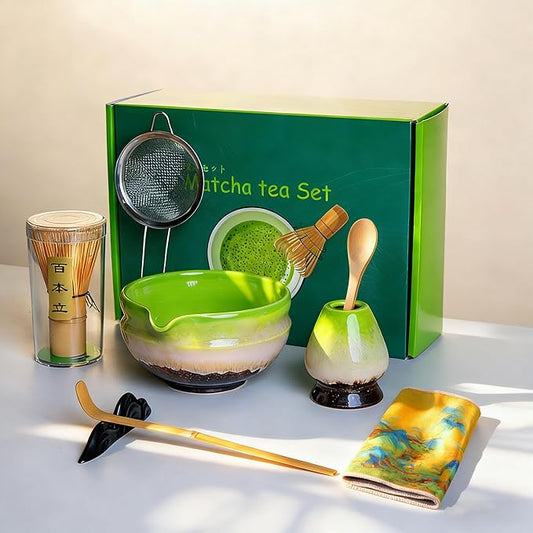 Matcha Whisk Set,8 Pcs Matcha Kit Includes Matcha Bowl with Spout,Matcha Whisk Holder,Bamboo with Ceramic Holder,Bamboo Scoop and Rest,Sifter,Tea Towel for Ceremony Matcha Lovers Gift (Green)