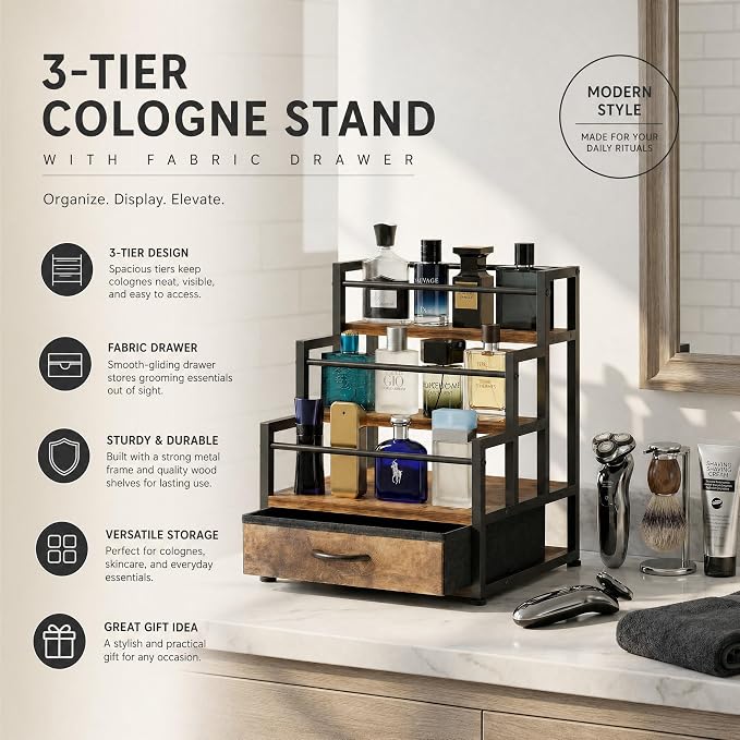 3-Tier Cologne Stand with Fabric Drawer, Cologne Organizer for Men, Spacious Wine Rack,Coffee Syrup Stand for Kitchen, Bathroom & Bar Counter Décor - Image 3