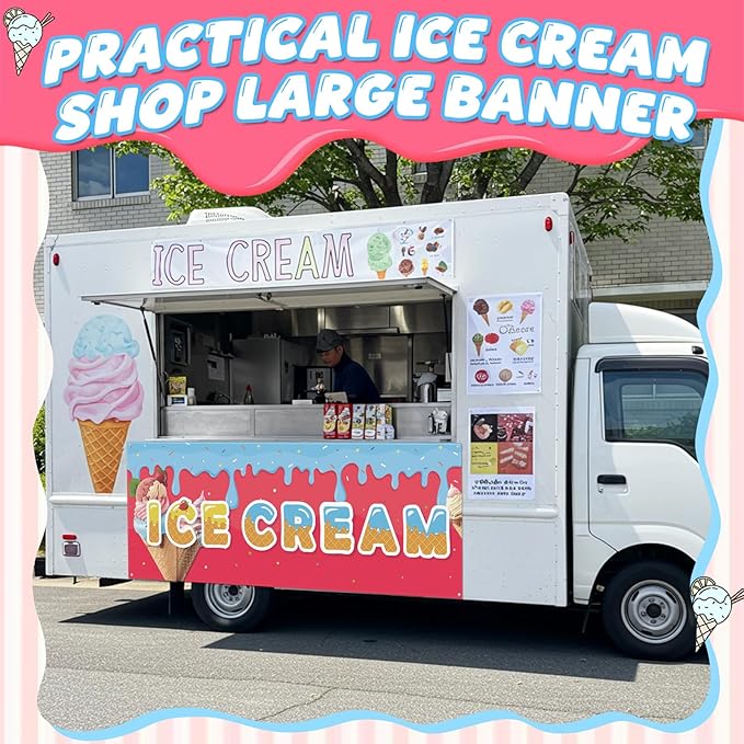 Tegeme Ice Cream Banners Sign 3 x 8 ft/ 36 x 96 Inches Ice Cream Flag Oxford Fabric Banners with 10 Holes for Business Store Outside
