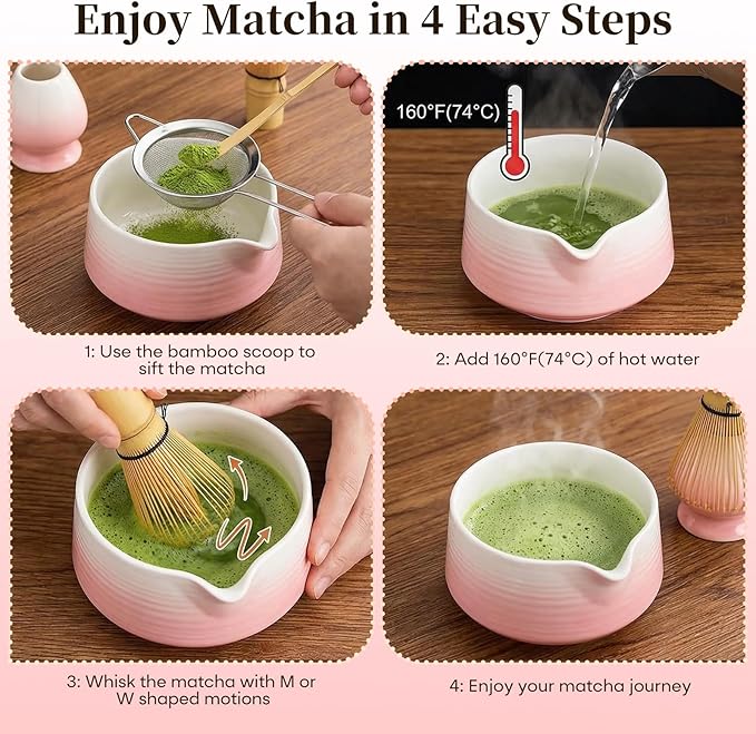 Matcha Whisk Set, 5Pcs Matcha Kit with Gradient Design, Ceramic Bowl with Spout, Bamboo Whisk with Ceramic Holder, Bamboo Scoop and Stainless Sifter, Matcha Gift Set for Matcha Lovers, Pink