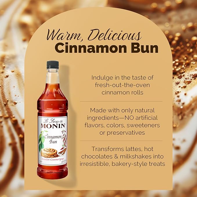 Monin - Cinnamon Bun Syrup | Premium Syrup for Cocktails, Coffees & More | Clean Label with No Artificial Flavors, No Artificial Preservatives (BPA-Free Plastic Bottle, 1 Liter)