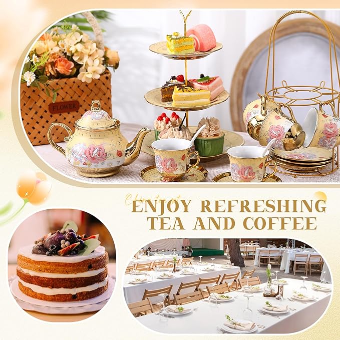 21 Pcs Ceramic Teapot Set Vintage Porcelain Tea Cups with Metal Holder and High Tier Cupcake Stand Saucers for Women Girls Farmhouse European Weddings Party Decor Gifts(Yellow,Fall)