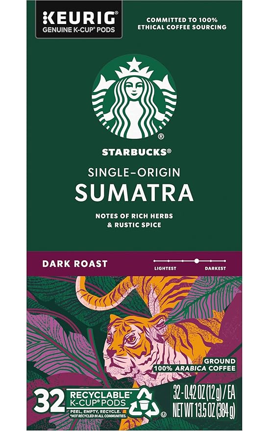 Starbucks Coffee K-Cup Pods, Sumatra Single-Origin Coffee, Dark Roast Ground Coffee, Keurig Genuine K-Cup Pods, 32 Count (Pack of 4)