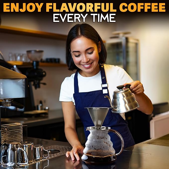 Stainless Steel Pour Over Coffee Maker With Cleaning Brush & Non-Slip Silicone Handle - 2 Cups Capacity Stainless Steel Pour Over Coffee Dripper With Secure Wide Base, Clean Flavor Paperless