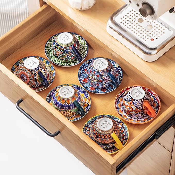 vancasso 8 oz Cappuccino Cups with Saucers Set of 6, Bohemian Ceramic Coffee Cup for Latte, Tea, Espresso, Microwave & Dishwasher Safe - Porcelain Latte Mugs for Kitchen or Cafe