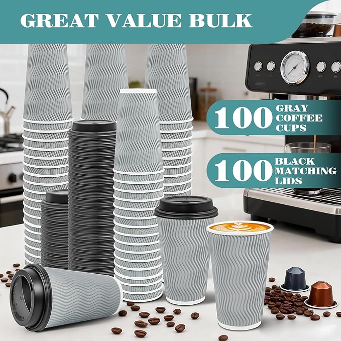 Ginkgo 100 Pack 16 oz Disposable Insulated Coffee Cups With Lids, Double-Walled Ripple To Go Paper Travel Cups for Hot Drinks - Gray
