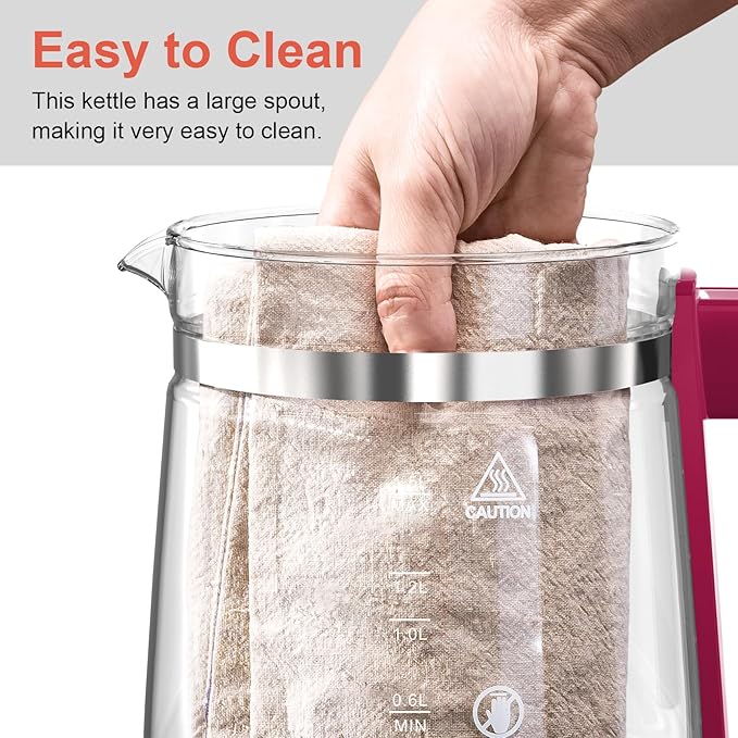 1200w Electric Kettle, 1.5L Borosilicate Glass tea kettle, Hot water kettle electric for Coffee or Tea, BPA Free, Auto Shut-Off, Stainless Steel, Fast Boil, Red