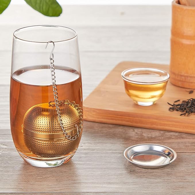 Tea Infuser Ball,Tea Strainer Ball for Loose Leaf Tea, Spice Infuser Stainless Steel Mesh, Fine Threaded Connection, 4.3 inch Chain with Drip Tray
