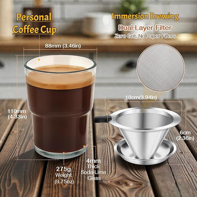 Single Serve Immersion Coffee Maker, Glass Pour Over Coffee Dripper with Reusable Stainless Steel Filter, Manual Coffee Brewer Cup for Home Office Travel-TMF