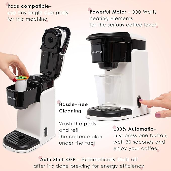 Mixpresso White Single Serve Coffee Maker for K Capsule, Compact Mini Coffee Maker 800 Watt Coffee Machine for Pods or Ground, Fast Brew, Auto Shut Off, 12 Oz Brew Size for Travel, Office, RV and Dorm