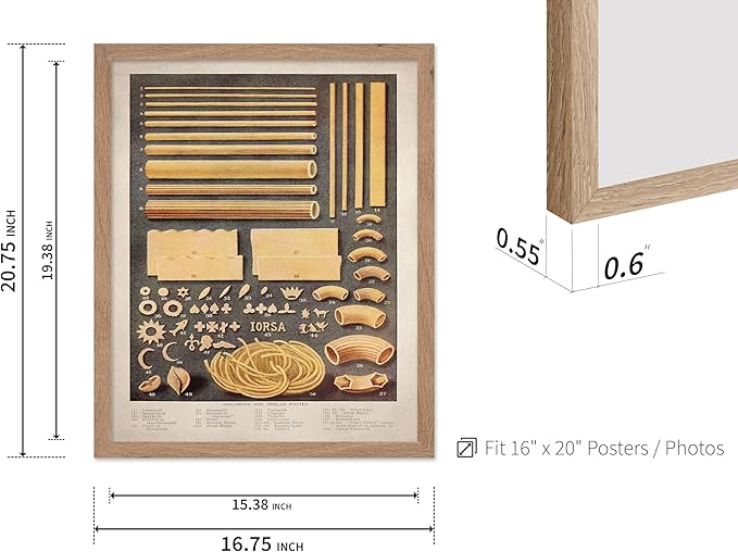 Poster Master Vintage Food & Drink Poster - Retro Pasta Print - Varieties of Pasta Art - Gift for Him, Her, Chef, Cook - Great Decor for Restaurant, Kitchen, Dining Room, 16x20 Beige Framed
