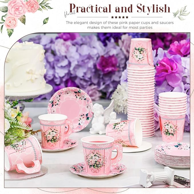 200 Pcs Floral Paper Tea Cups and Saucers 7 oz Disposable Tea Party Decorations Vintage Cute Paper Tea Cups and Plates with Handles for Girls Wedding Baby Bridal Shower Birthday, Serve 100(Pink)