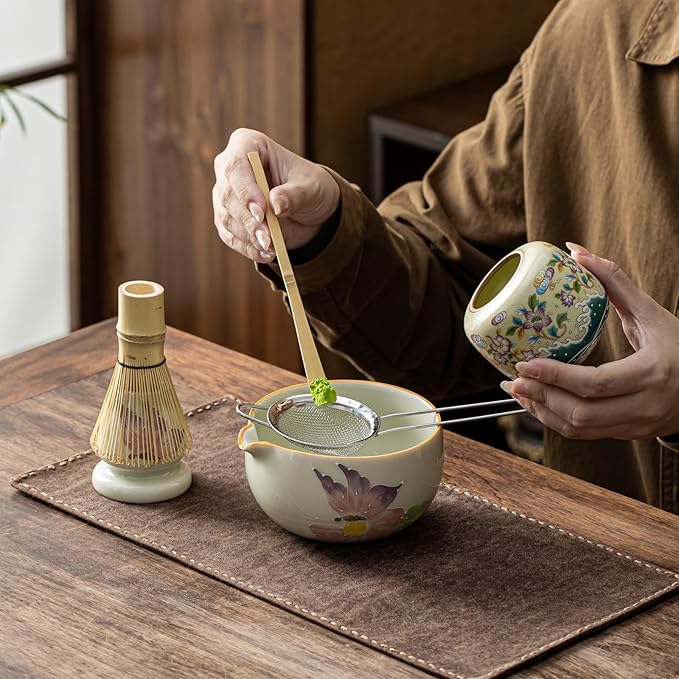 Matcha Set, Matcha Whisk Set Includes Hand-Drawn Matcha Bowl with Spout, Bamboo Whisk, Matcha Whisk Holder, Bamboo Scoop, Sifter - 5pcs Perfect Matcha Kit for Matcha Tea Ceremony