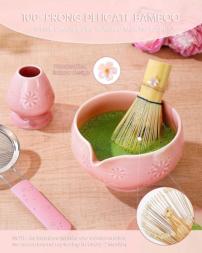 Matcha Whisk Set, 6pcs Matcha Set Includes Matcha Bowl with Spout, Bamboo Whisk & Scoop with Cute Charm, Chasen Holder, Innovative Sifter Handle, Tea Mat for Latte Making, Pale Pink