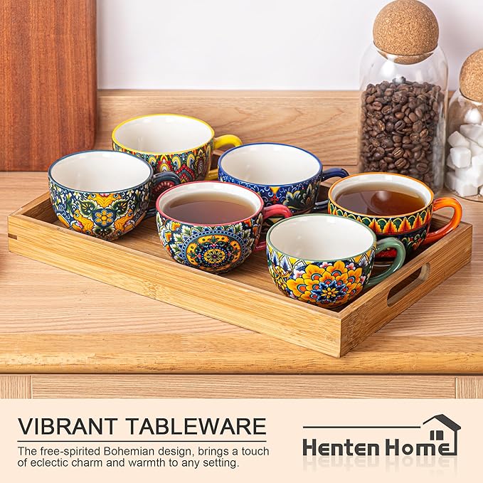 Henten Home 8.5 oz Cappuccino Cup and Saucers Set, Ceramic Coffee Cup Set of 6, Bohemian Cup for Latte, Tea, Hot Cocoa, Espresso, Microwave & Dishwasher Safe