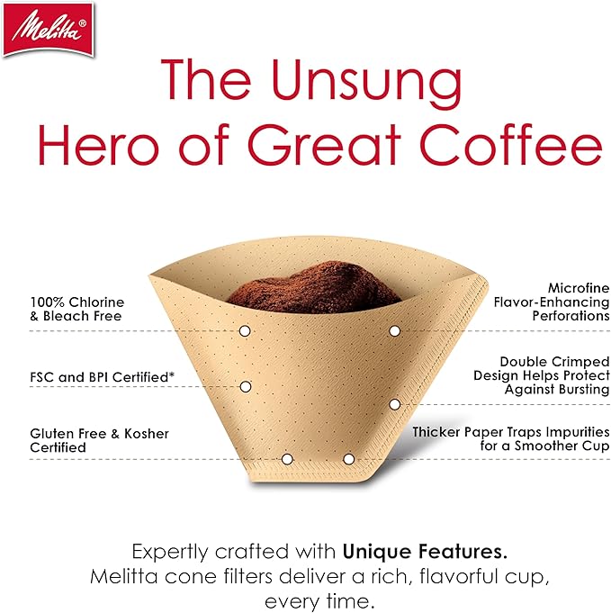 Melitta #4 Cone Coffee Filters, Natural Brown, 100 Count (Pack Of 6), 600 Total Filters - Fits all 8-12 Cup Cone Coffee Makers and Pour-Overs, Compostable, Tear-Resistant