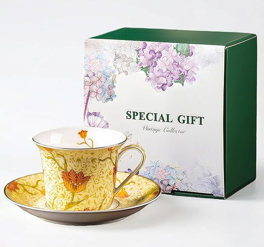 Exquisite Bone China Tea Cups and Saucer Set – Elegant Porcelain Tea Cups, Beautifully Detailed for Tea Lovers, Gift-Ready for Christmas, Hostess, Holiday Gift & Fall Decor