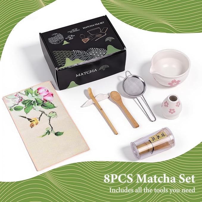 Matcha Whisk Set, 8 Pcs Matcha Making Kit with Ceramic Bowl, Japanese Style Bamboo Chasen, Scoop, Sifter & Holder - Complete Matcha Set for Beginners & Enthusiasts, Ideal Gift (White)
