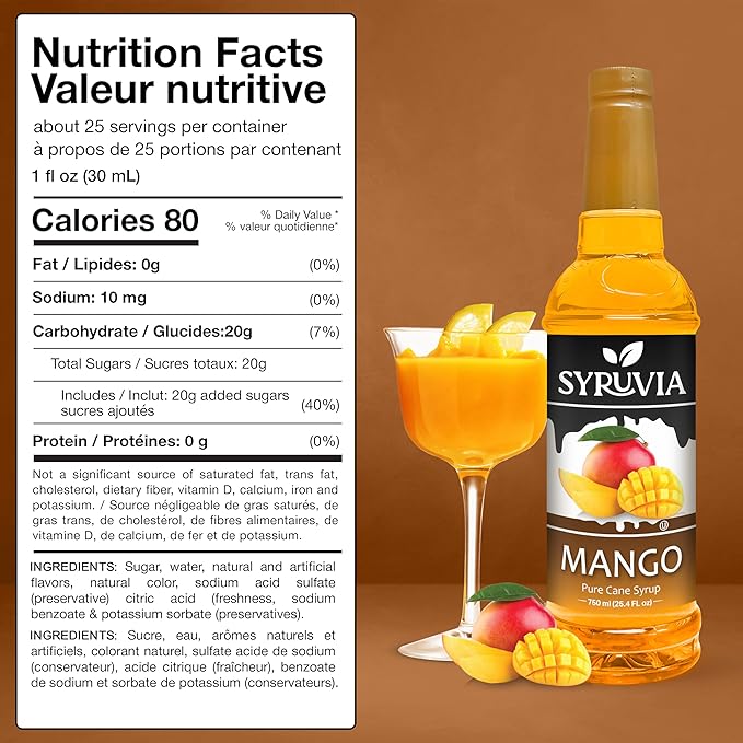 Syruvia Mango Syrup, Flavored Syrup for Drinks, Cocktails, Lemonades, Iced Teas, and Desserts – 25.4 fl oz, With Pump