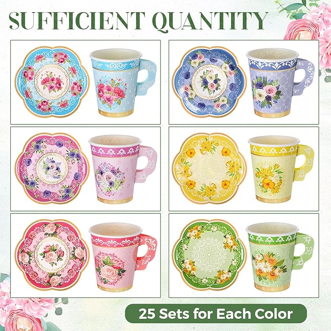 Nuogo 300Pcs Floral Paper Tea Cups and Saucers 9 OZ Disposable Tea Cup with Handle and Plates for Party Supplies Wedding Birthday Baby Shower Bridal Mother's Day, Serve 150 Guest(Fresh Color)