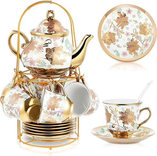 Zhehao 20 Pcs Porcelain Tea Set with Metal Holder and Spoon Adult Ceramic Tea Set European Flower Painting Teapot Cup Saucer Spoon for Women, Large Version(Elegant Style)