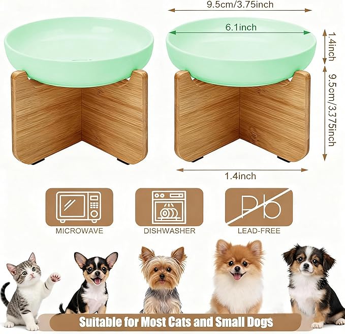 Shallow Elevated Cat Bowls with Bamboo Stand, 6.1 Inch Wide Ceramic Cat Dish Whisker Friendly, 2 Pack Pet Food and Water Plates