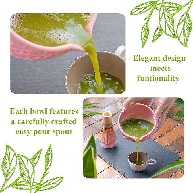 Matcha Whisk Set- Matcha Set includes Matcha Whisk and Bowl with Spout, Sifter, Holder and Scoop- The Perfect Bamboo Whisk for Matcha Tea (Pink Flowers)