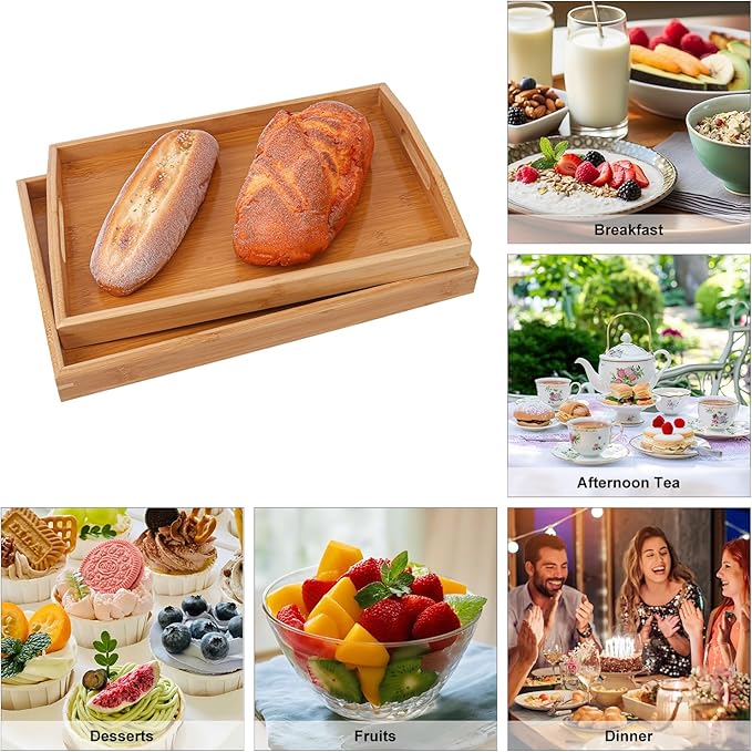 3 PCS Bamboo Serving Tray, Breakfast Bed Tray with Handle, 15 x 10 x 2 Inch Wood Serving Tray for Serving, Breakfast Bed Trays for Eating, Decor, Displaying Cake, Fruit