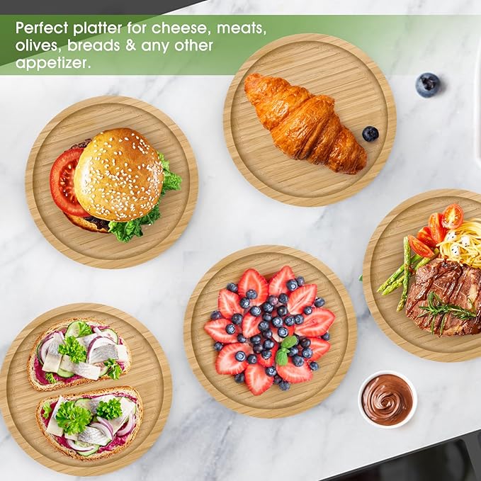 Small Bamboo Plates 8-inch Round ServingTray Wooden Plate Reusable, Mini Wood Serving Platter for Dinner, Dessert, Salad, Appetizer, Snack.