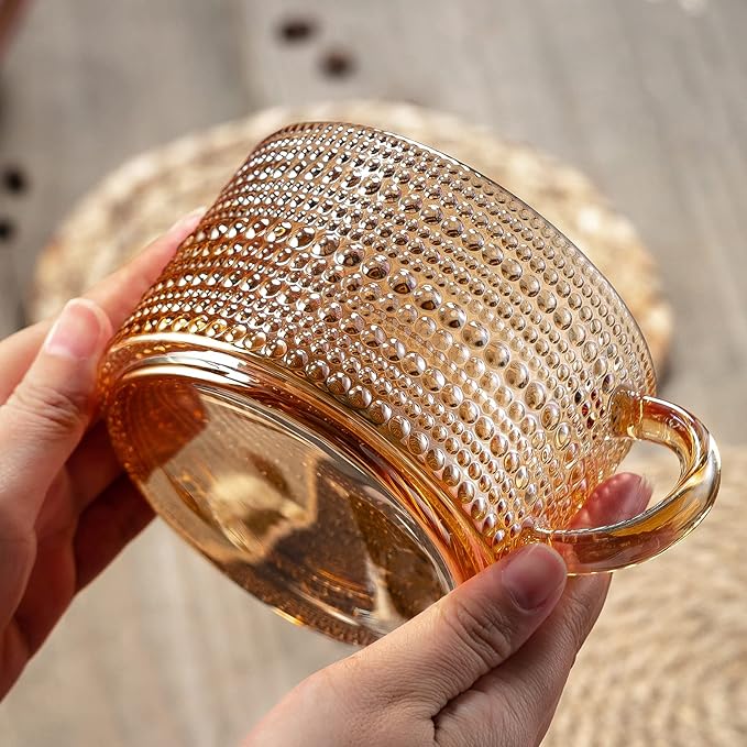 Gezzeny Vintage Coffee Mugs 14 Oz Set of 2 Amber Embossed Glass Tea Cups for Cappccino, Latte,Cereal, Yogurt, Beverage Christmas Thanksgiving Day Gifts