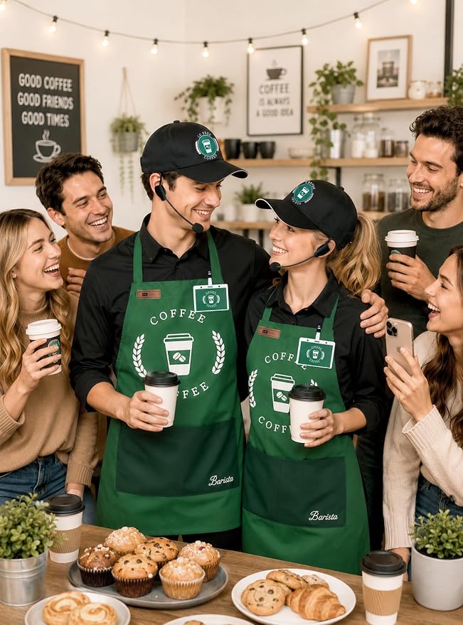 Halloween Barista Costume for Couples Cosplay, Duo Costumes for Best Friend | Simple Couples Halloween Costumes with Green Apron and Cap for Adult, Coffee Maker Outfit - Image 4