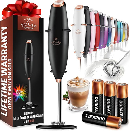 Zulay Kitchen Powerful Milk Frother Wand With 4 AA Duracell Batteries - Ultra Fast Handheld Drink Mixer - Electric Whisk Foam Maker for Coffee, Lattes, Cappuccino, Matcha & Creamer