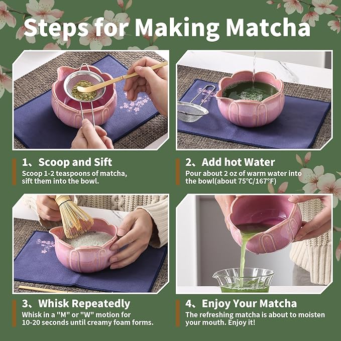 Matcha Whisk Set, Ceramic Matcha Set 8 Pcs, Matcha Kit Set Includes Matcha Bowl, Matcha Whisk and Holder, Bamboo Scoop and Rest, Sifter and Tea Towel, Ideal Gift for Family/Friend (Pink)